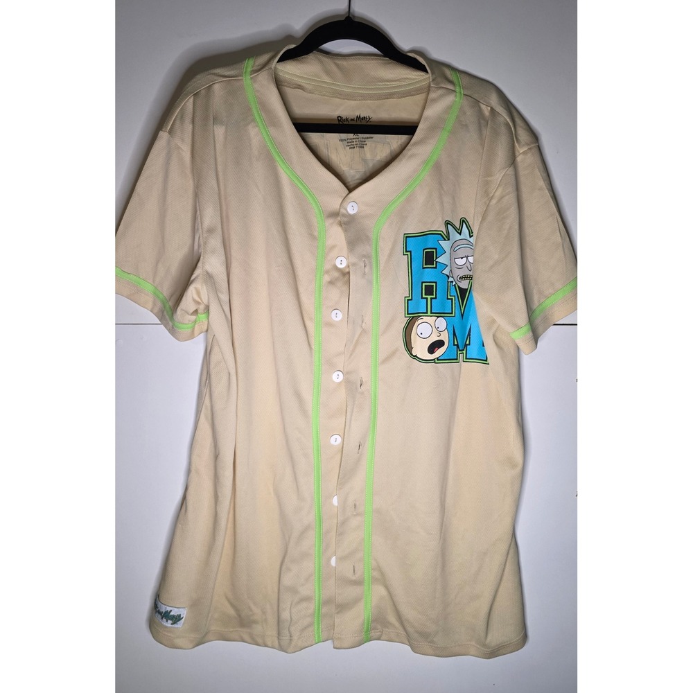 588 Rick and Morty Mens Baseball Jersey Tan Neon Green Mesh Button Up Shirt XL